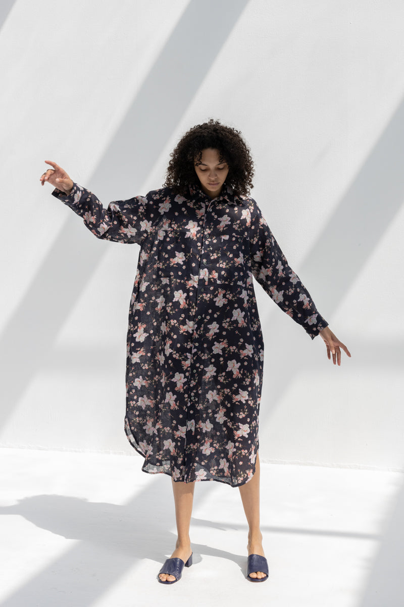 Linen Flower Print Dress