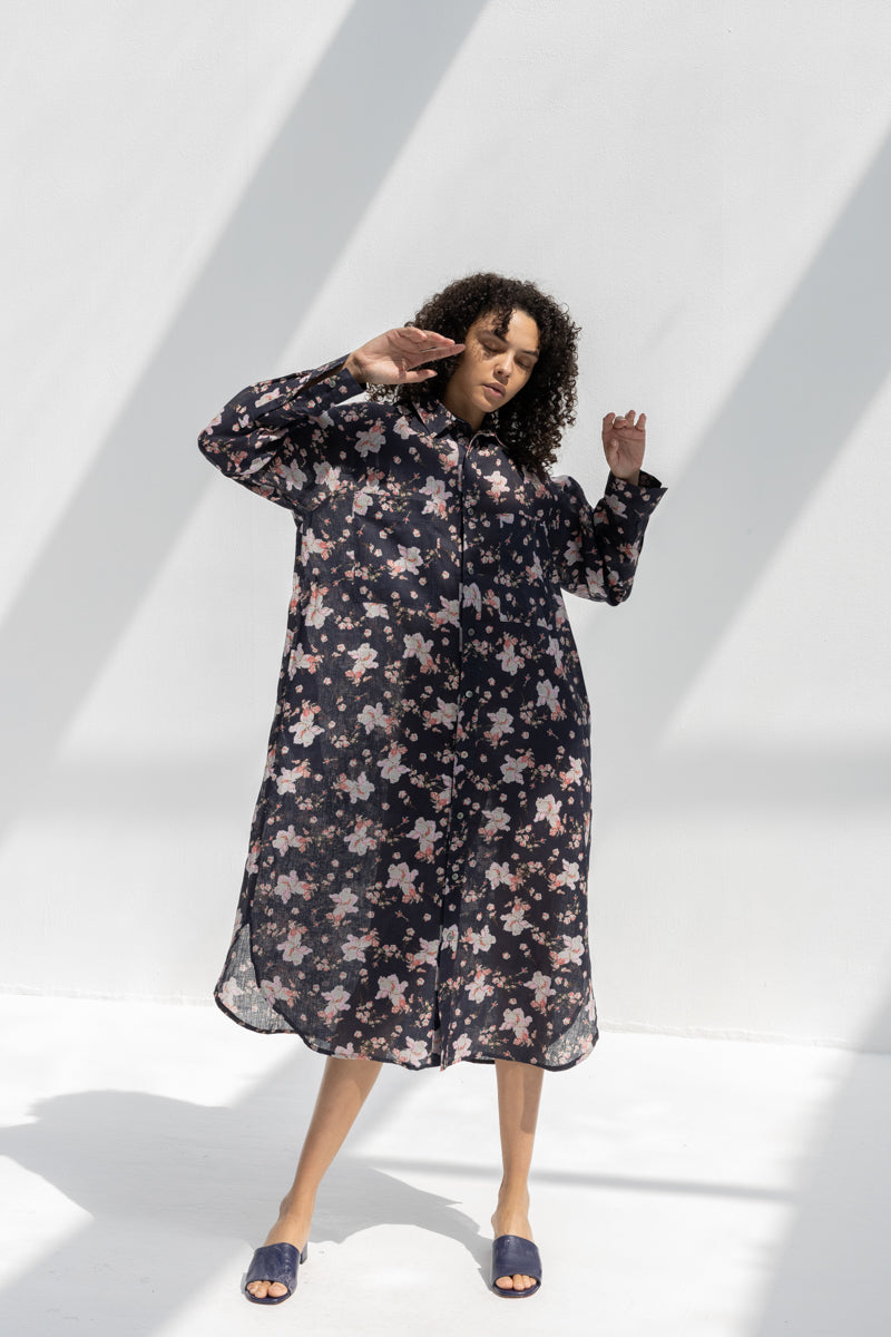 Linen Flower Print Dress